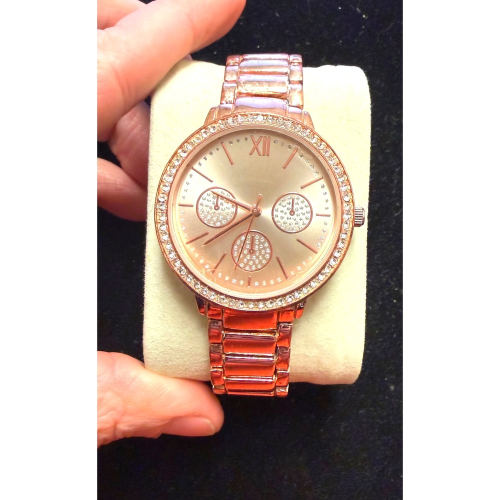 Rose Gold Tone Rhinestone Bezel Fashion Watch Japan Quartz Movement works!